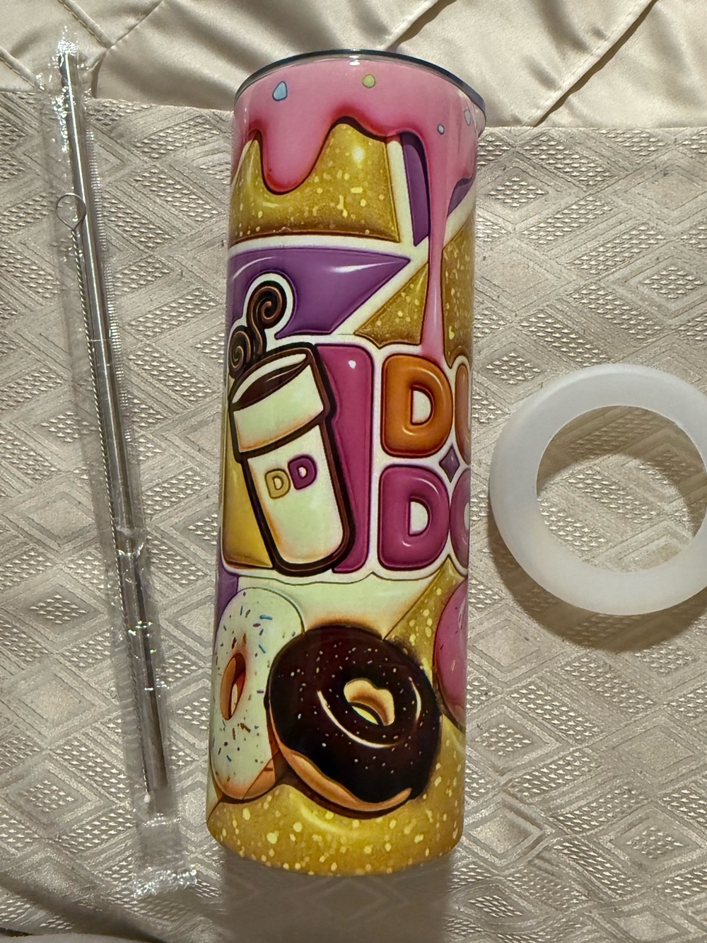 NEW DD Doughnut Themed Pink & Purple Party Tumbler - Design with straw included